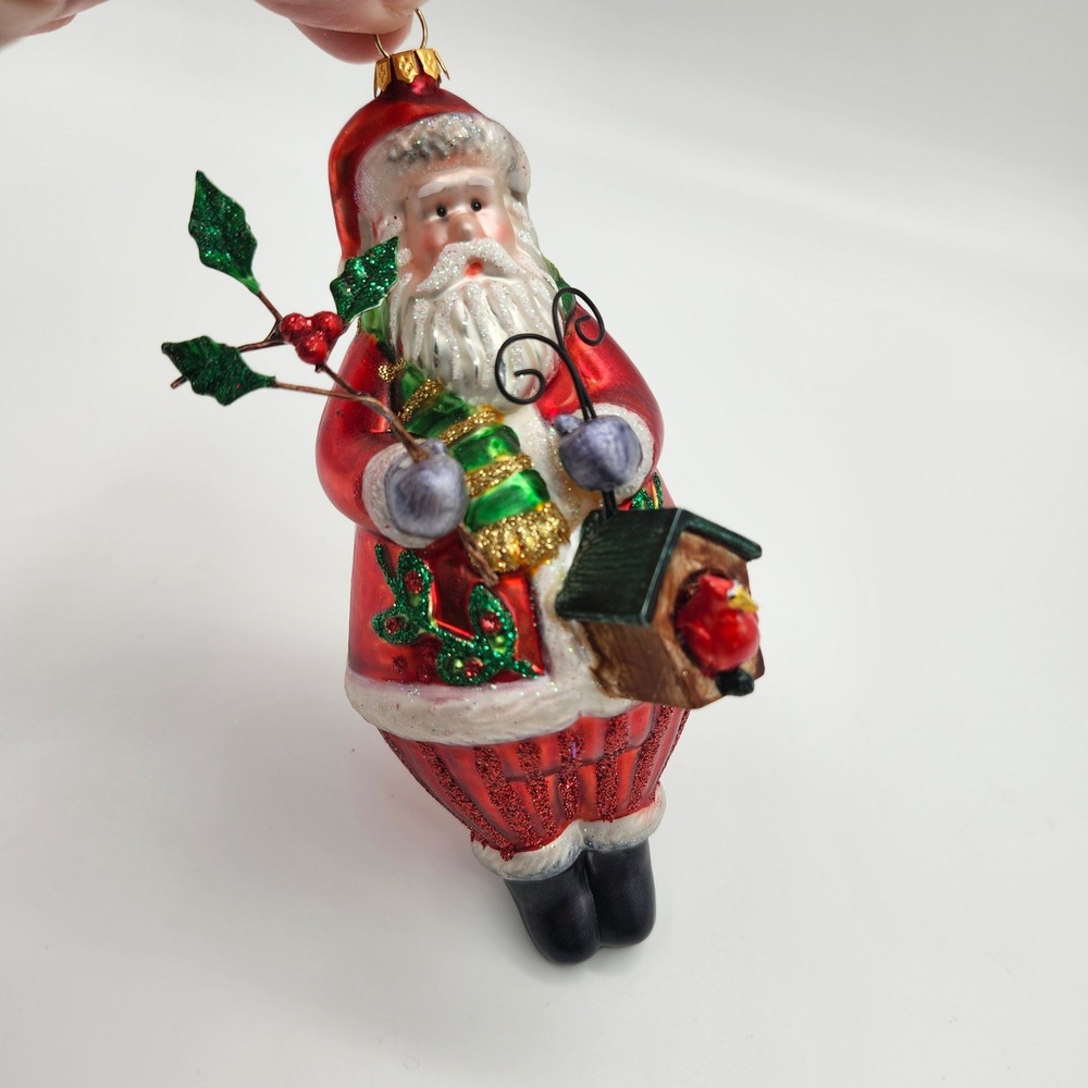 Santa with Birdhouse & Holly Blown Glass Christmas Ornament Red Green‎ Glitter